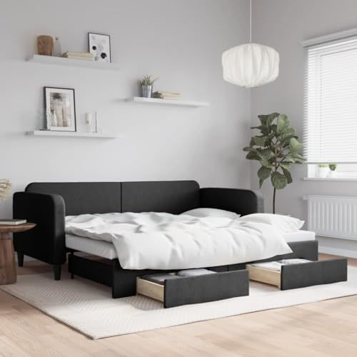 ZQQLVOO Bed Frame Lattenrost Palettenbett Bodenbett Tagesbett Ausziehbar mit Schubladen Schwarz 90x200 cm Stoff