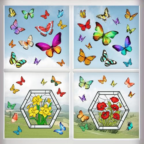 52 Pcs Butterfly Window Stickers Floral Butterfly Window Stickers | Double-Sides Window Clings for Glass Window Decals Anti-Collision | Reusable & Removable