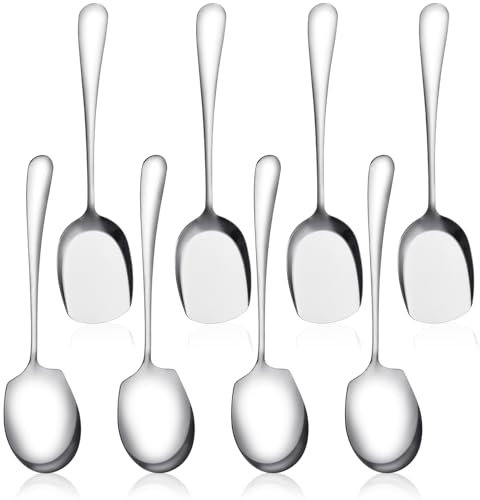 Akamino 8PCS Serving Spoons Large,Round & Square Head Stainless Steel Buffet Serving Spoon,Long Handle Soup Spoons with Mirror Polish Finish,Tablespoons for Kitchen Restauran Dinner Party Family Meals