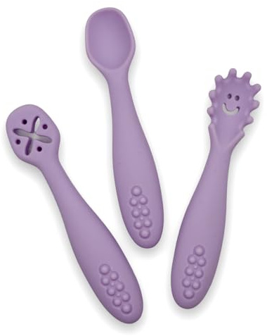 leyla&e Baby Esslernlöffel (3er Set) für eigenständiges Essen | BPA-frei & LFGB-zertifiziert | Spülmaschinenfester Silikonlöffel | Lernlöffel geeignet für BLW (Pastell Lila/Soft Lilac)