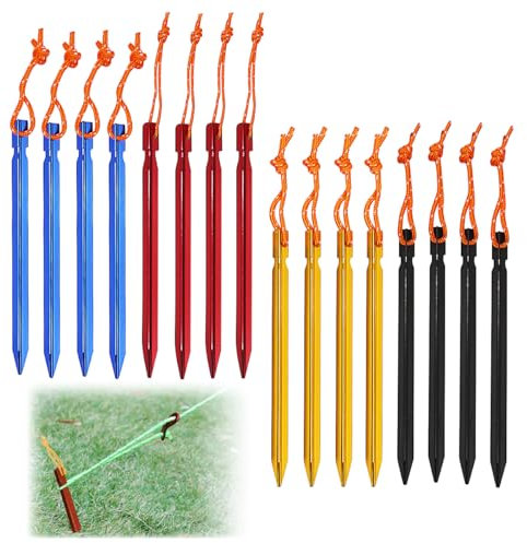 GiantGo 16 Pack Tent Pegs Aluminium Alloy Tent Stakes with Drawstring Bag for Outdoor Camping Trip Hiking Beach Heavy Duty and Mixed Color, 4 Colors