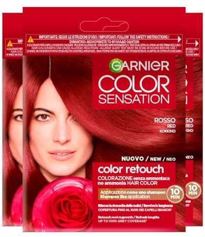 Garnier Color Sensation Color Retouch Permanente Haarfärbung, deckt 100 % weißes Haar ab, einfache Anwendung, Farbe Rot – 3 Farben