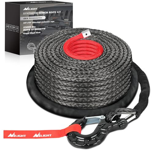 Nilight Synthetic Winch Rope Kit 3/8 Inch X 100' 25000 lbs with Red Jacket Rope Protective Sleeve Forged 35000lb Winch Hook Safety Strap Winch Cable Line for Off Road Vehicle Recovery Truck SUV, Black