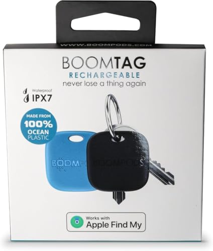 Boompods Tag Tracker Rechargeable Tracking Tag, 2 Pack | Ocean Plastic Tracker for Kids, Suitcases & Pet, Bluetooth Dog Tracker Devices Compatible with Apple Find My App, Small Key