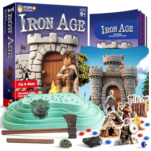 EDUMAN Eisenzeit Archäologie Ausgrabungsset für Kinder 6‑12 Jahre – Metallgraben & DIY Bastelspiel mit Hammer, Meißel, Poster, Szenenkarten & Guide Book – STEM Lernspiel für Geburtstag & Schule