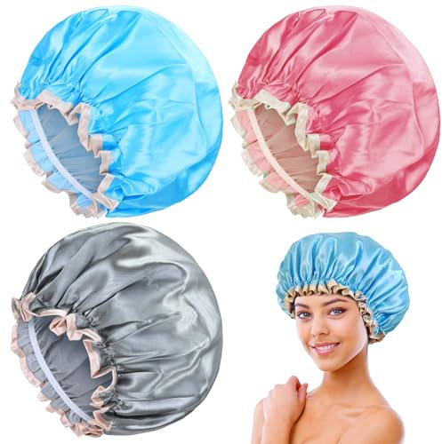 GmwyCzV 3 Pièces Bonnets de Douche, Réutilisable Bonnet de Douche, Bonnet De Douche Imperméable Double Couche, Réglable Shower Cap, Pour le Soin des Cheveux, la Douche, le Maquillage(Rose, Bleu, Gris)