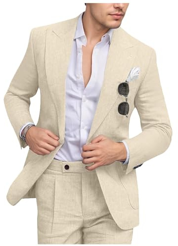 Fesenbo Abito Uomo in Lino Slim Fit 2 Pezzi Estivi per Spiaggia e Matrimonio con Bavero a Picco Blazer Casual e Pantaloni Set per Ballo e Smoking, Light Champagne , XL
