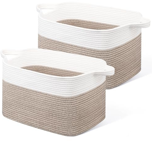 JOJOSEE Large Storage Basket, Blanket Basket for Clothes Bedding, Woven Storage Baskets, Toy Storage for Kids, Rope Basket for Living Room, Nursery, Bedroom 55x38x30 cm (White&Brown, 2 Pack)
