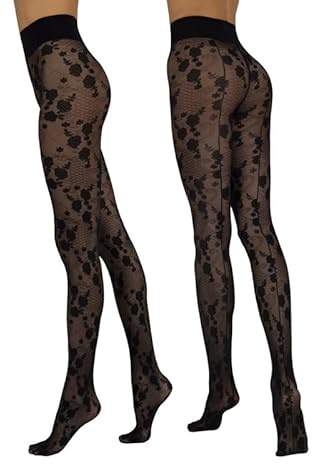 Sarah Borghi Loulou Collant Donna Fantasia 20 Denari, Calze Donna Fantasia Floreale Effetto Pizzo con Riga Posteriore, Made in Italy (nero, 1/2)