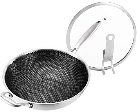 ASerZenith Wok Antiaderente in Acciaio Inox A Nido d'Ape, Pentole AntiGraffio con Coperchio in Vetro Temperato per Fornelli Elettrici, A Induzione E A Gas, 34 Cm(34cm)