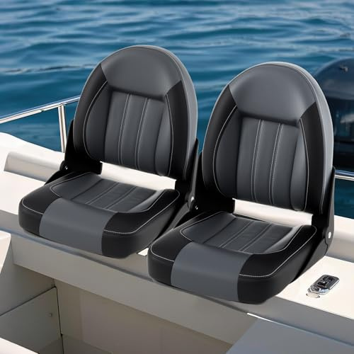 GOPLUS Juego de 2 Asientos de Barco con Respaldo Alto, Silla Plegable de Barco Impermeable, Costuras Reforzadas, Cojín Acolchado y Pernos de Montaje, Asiento Yate Ergonómico para Pesca, 46x52x58cm