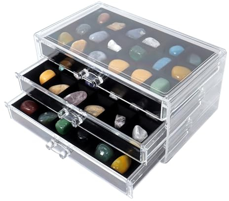 Dmnnlp Rock Vitrine, Acryl Rock Sammelbox, 3 Etagen 54 Fächer Gemstone Collection Box, Aufbewahrungsbox mit Fächern für Mineralien Kleine Gemstone Sammlerstücke, Fossil Kristalle, Edelsteine(Schwarz3)