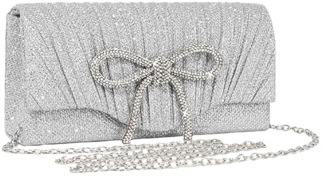 XFSRG Clutch Damen Schleife Glitzer Elegant Abendtasche Envelope Handtasche mit Kette für Hochzeit Party Freizeit Bankett(Silber)