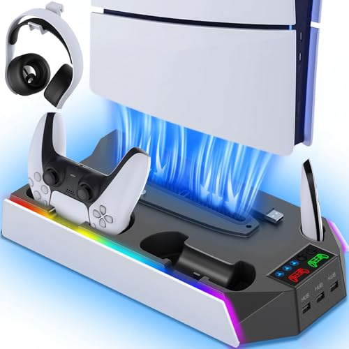Standfuß mit Controller Ladestation für PlayStation 5 Konsole Disc/Digital | RGB Ständer Zubehör für PS5/Slim/Pro inkl. Dual Controller Ladestation, Lüfter, Headset Halterung, 3 USB Hub, Schwarz-Weiß
