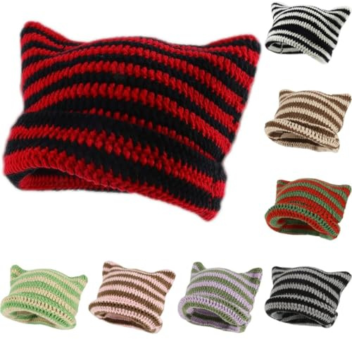 Häkelmützen für Damen, Katzen-Beanie, Vintage-Mütze, Y2K, Fuchsmütze, Grunge-Zubehör, Slouchy Beanies für Damen, Katzen-Beanie