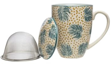 Tranquillo Tee-Aufgusstasse BOHO CHIC große Keramik Teetasse mit Sieb und Deckel, Teebecher Steingut, 400 ml