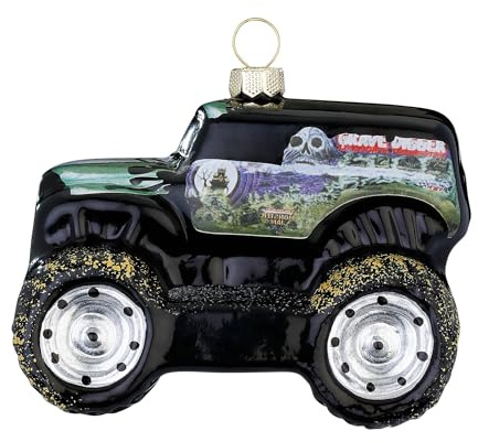 Julgransdekoration i glas 9 cm – monstertruck figur att hänga upp – handmålad – julgransdekoration – fordon lastbil svart