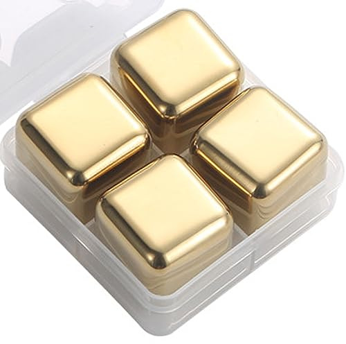 Set de cubitos de hielo de acero inoxidable de 4 paquete, cubitos de hielo de metal reutilizables con caja de almacenamiento de pinzas rocas de whisky piedras para escalofríos (dorado)