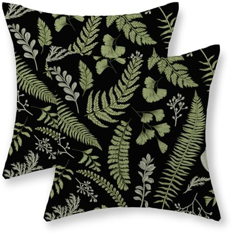 GOLIANDA Sage Green Black Pillow Covers 20x20 Set of 2 Spring Leaf Plant Pillow Cases Vintage Tropical Fern Herbs Botanical Floral Decorative Cushion Cover Summer Outdoor Throw Pillows for Couch Sofa