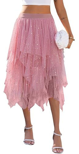 Lovasy Falda de Tutú para Mujer Irregular Bajo la Lentejuelas Tutu Tul Falda Disfraz para Ballet A-Line Midi Faldas para Mujer Prom Party Vestido Plisado,Rosa,S-M