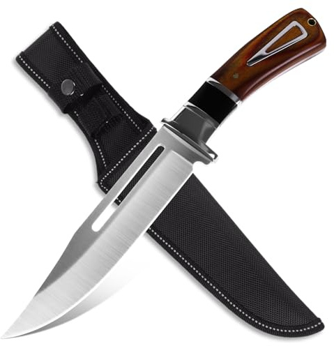 GER-SABER Coltello da Caccia Full Tang 27cm – Lama Clip-Point Damasco con Foro Passante e Curva Californiana, Impugnatura Legno Rosa con Metallo, Guarda Classica, Leggero per Outdoor e Sopravvivenza