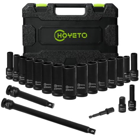 20 Piece 1/2 Drive Impact Socket Set - Metric Deep 6-Point Sockets with Heavy Duty Storage Case for Workshop, Garage, Automotive Repair (8-24mm)