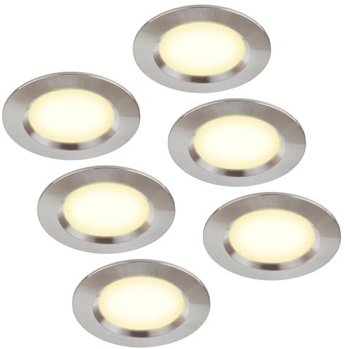 HCFEI 6er Set Möbelleuchte 12V ultra flach 3W LED-Einbaustrahler 55mm Lochausschnitt mit 2M Kabel IP44 Deckenspot für Spiegelschränke, Vitrinen, Möbel und Schränke (Edelstahl Gebürstet 3000K)