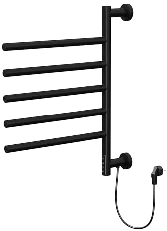 LuxeBath Handtuchwärmer Elektrisch mit 5 schwenkbaren Armen und Timerfunktion, Handtuchheizkörper Schwarz matt, 75Watt, 45-60°C, 450x622 mm, 180°Drehung Handtuchhalter, Wandmontierter Handtuchtrockner
