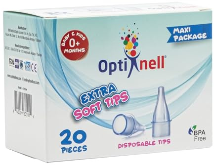 Optinell 20 Ricambi Morbidi per Aspiratore Nasale Neonato e Bambini – Beccucci Usa e Getta con Filtro Igienico per Aspiramuco – Extra Soft Tips, Igiene Nasale e Lavaggi Nasali
