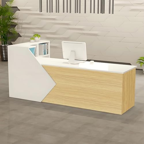 L-format receptionsskrivbord med förvaringshyllor, främre bänkbord i trä för kontor, salong och butik - Snygg och funktionell design