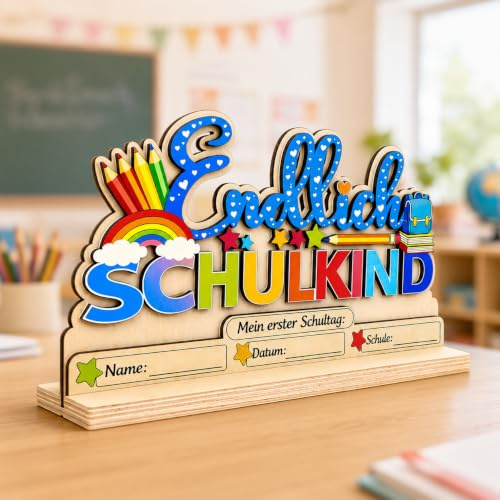Holz Deko Einschulung Namensschild Tischdeko Schulanfang | 29 x 16 x 6 cm Holzdeko zum Selbstbeschriften mit Name & Schule für den ersten Schultag