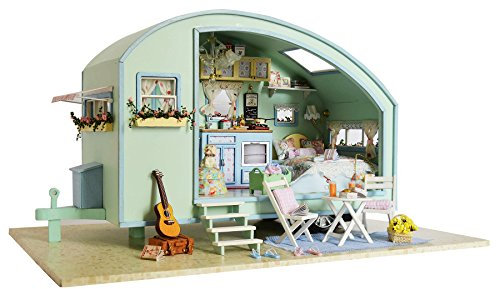 CUTEROOM Miniature Dolls House Kits, Diy Wooden Dolls House Handcraft Miniature House Kit Caravan, Time Travel Model House Kit with Furniture