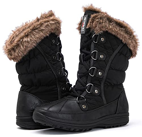 GLOBALWIN Women's Snow Boots Waterproof Mid-Calf Winter Boots For Women With Warm Fleece Lining, Stylish Black Fur Boots For Women With Non-Slip Sole And Quilted Comfortable Boots Size 7.5M