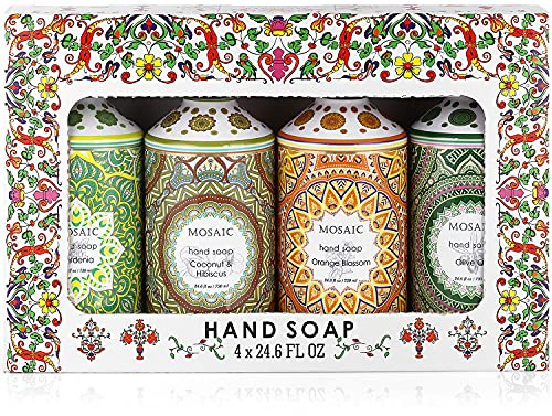 Mosaic Liquid Hand Soap / Hand Wash Gift Set, Ideal for Bathroom and Kitchen Hand Soap Set , Olive Oil + Coconut & Hibiscus + Gardenia + Orange Blossom, 4 x 24.6 fl oz Each Liquid Soap Bottle