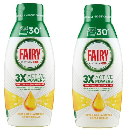 Fairy Geschirrspülmittel flüssiges Gel, 60 Waschgänge, Packung mit 2 Flaschen, Platinum Zitrone, verleiht zusätzlichen Glanz, kombiniert Sauberkeit und Frische