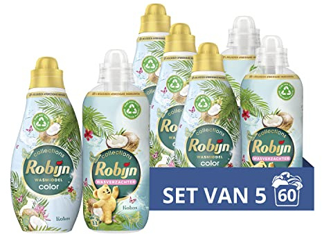 Robijn Perfect Match Kokos Tvättmedel och sköljmedel paket för alla färgglada och färgade vaxer – 5 stycken – ekonomipack