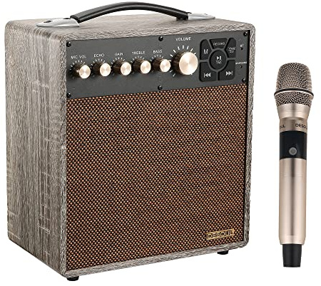 DESOUL 40W Portable Karaoke Machine Vintage Speaker Guitar Amp 1 Wireless Microphone Rechargeable Battery Powered Bluetooth Bookshelf Speaker Retro Multimedia Inputs Walnut Wood
