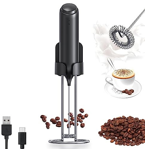 Electric Milk Frother Handheld Mini Milk Foamer with Stainless Steel Stand Rechargeable Powerful Electric Whisk for Coffee Cocktails, Sauces, Coffee Drinks and Soups