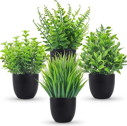 Laelfe 4 Packs Mini Artificial Plants in Black Pots, Small Faux Greenery Potted Plant for Bathroom Home Office Desk Indoor Decorations