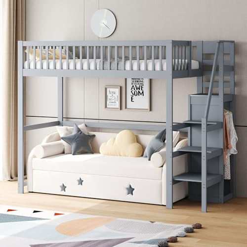 Lit mezzanine 90 x 200 cm avec escalier, lit d'enfant en bois avec étagère de rangement, armoire simple gris