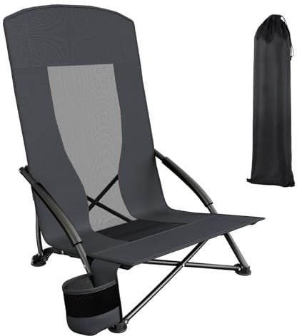 LIFERUN Strandstuhl Klappbar 1er Set, Hoher Rücken Campingstuhl, niedriger Strandstuhl mit Tragetasche, Getränkehalter, Atmungsaktives Netzgewebe, für Outdoor, Camping, StrandSandkonzert,Dunkelgrau