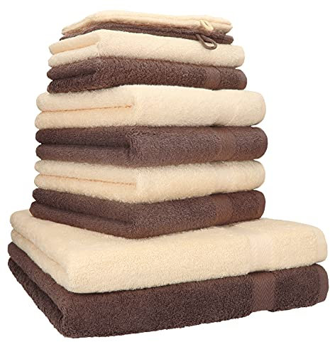 Betz Premium 10-teiliges Handtuch-Set (100% Baumwolle, 470 g/m²) – 2X Duschtuch 70×140 cm, 4X Handtuch 50×100 cm, 2X Gästetuch 30×50 cm, 2X Waschhandschuh – saugstark, Nuss Braun & Beige
