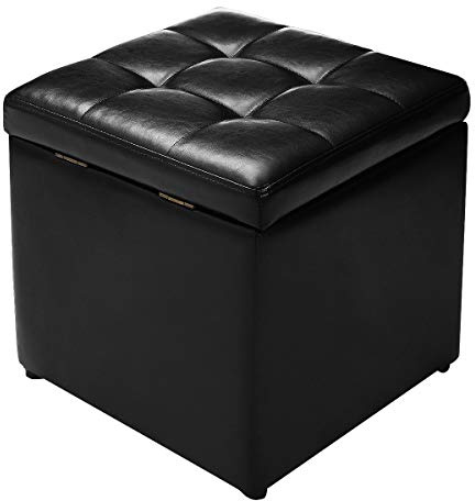 Giantex 16” Cube Ottoman Pouffe Storage Box Lounge Seat Footstools W/Hinge Top and Bottom Feet Home Living Room Bedroom Furniture Storage Ottoman 16”×16” ×16” Footrest (Black)