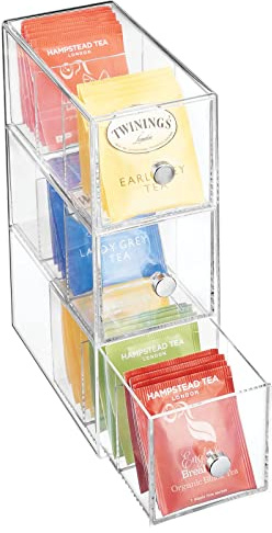 mDesign Organizador de cocina con 3 cajones de plástico – Mini cajonera para infusiones, bolsas de té, sobres de café, azúcar, etc. – Caja de té en plástico – transparente