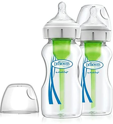 Dr Brown's Natural Flow Anti-Colic Options+ Wide-Neck Glass Baby Bottle, 9oz/270 ml, with Level 1 slow flow Teat, Pack of 2 Transparent (Packing May Vary)