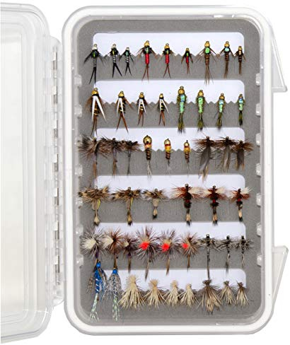Outdoor Planet 50 Premium Fly Fishing Flies Assortment | Waterproof Fly Box | Dry, Wet, Nymphs & Caddis Flies | Trout Fishing Lure Set