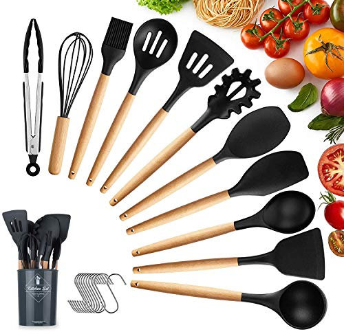 Küchenhelfer Set, KagoLing küchenutensilien set Antihaftes Hitzebeständiges küchenhelfer set silikon mit Holzgriff 22 Stücke Küchengerät Inkl Löffel, Tongs, Schneebesen, Spachtel