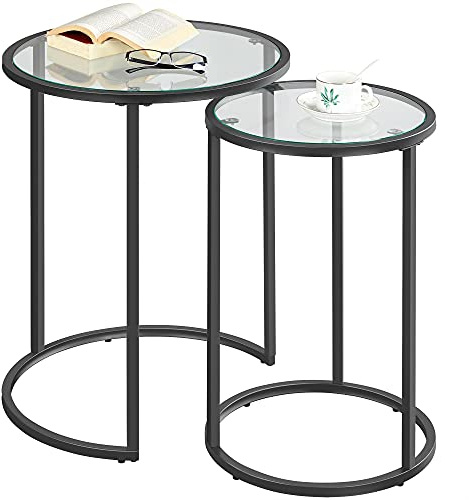 Yaheetech Glass Nesting Tables Set of 2 with Metal Frames, Black