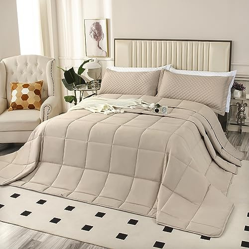 SOULOOOE Parure de lit 3 pièces surdimensionnée pour lit king size, couette alternative légère réversible en duvet pour toutes les saisons avec 8 languettes d'angle, Beige, 325,1 x 304,8 cm