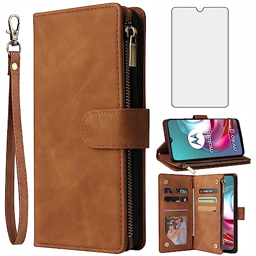 Asuwish Funda para Motorola Moto G30/G20/G10 funda con lámina protectora de pantalla y tarjetero plegable de piel con soporte para cristal blindado G 30 20 10 Power 30G Fundas Funda Phone Case Marrón